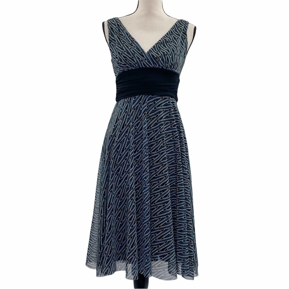 LONDON Times Sleeveless Midi A-Line Geometric Embroidered V-Neck Dress